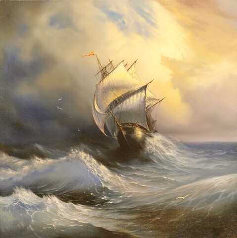 Ancient sailing vessel in stormy sea